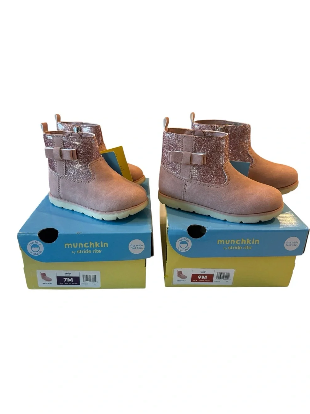 Munchkin by Stride Rite Avalon Blush Glitter Toddler Ankle Boots Pink Bow